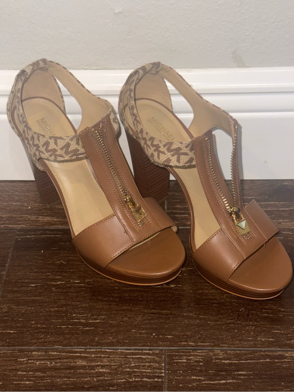 Michael Kors Tan Leather Block Heel Sandals with Logo Ankle Strap and Front Zip